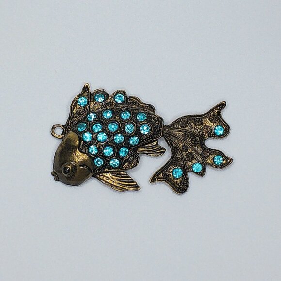 Blue Golden Fish Pendant, gold color, blue rhinestone, shiny crystals details - Picture 3 of 9